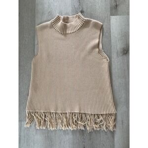 Anna‎ Cate Womens Beige Striped Fringe Hem Mock Neck Knit Sweater Vest Large